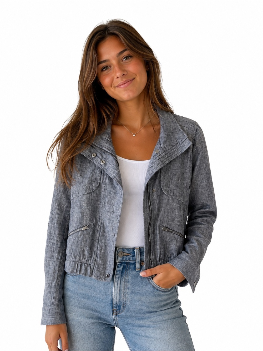 Athleta Gray Textured Linen Zip-Front Jean Jacket size Small
